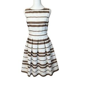 LAFAYETTE 148‎ Jacquard Stripe White Brown Pleated Fit & Flare Midi Dress Size 0
